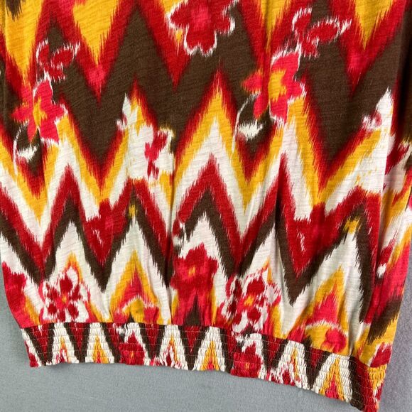 Lucky Brand Top Womens L Pullover Red Yellow Floral Metal Buttons Elastic Hem - Picture 2 of 12